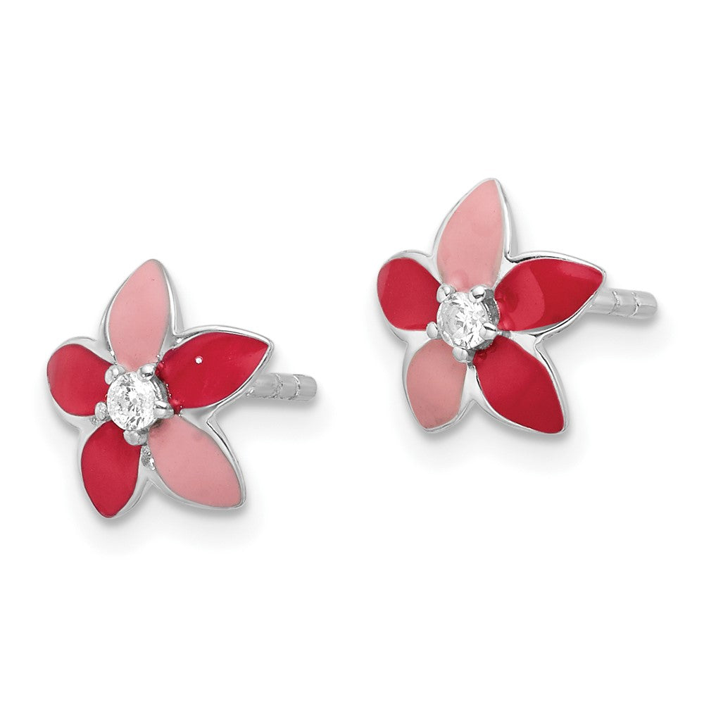 QE17723 Sterling Silver RH-plated Pink Enamel & CZ Flower Children's Post Earrings