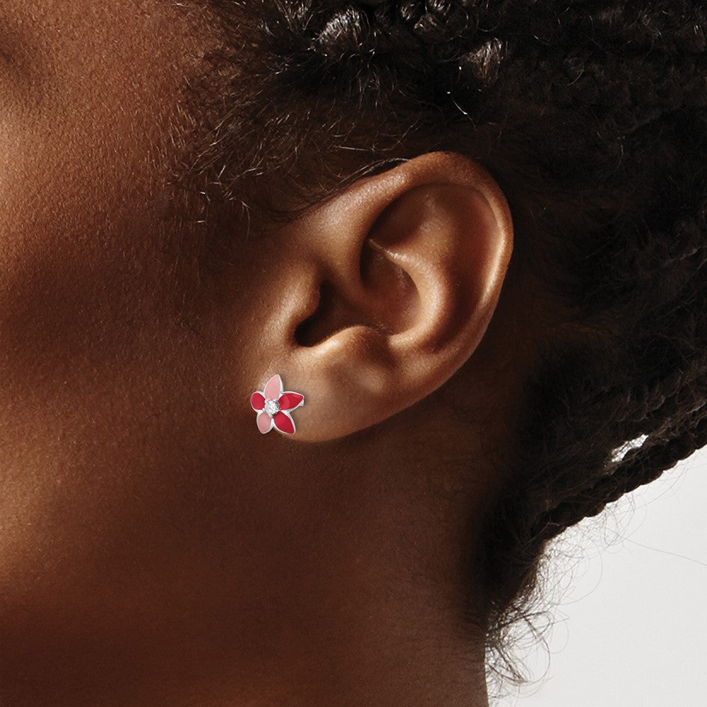 QE17723 Sterling Silver RH-plated Pink Enamel & CZ Flower Children's Post Earrings