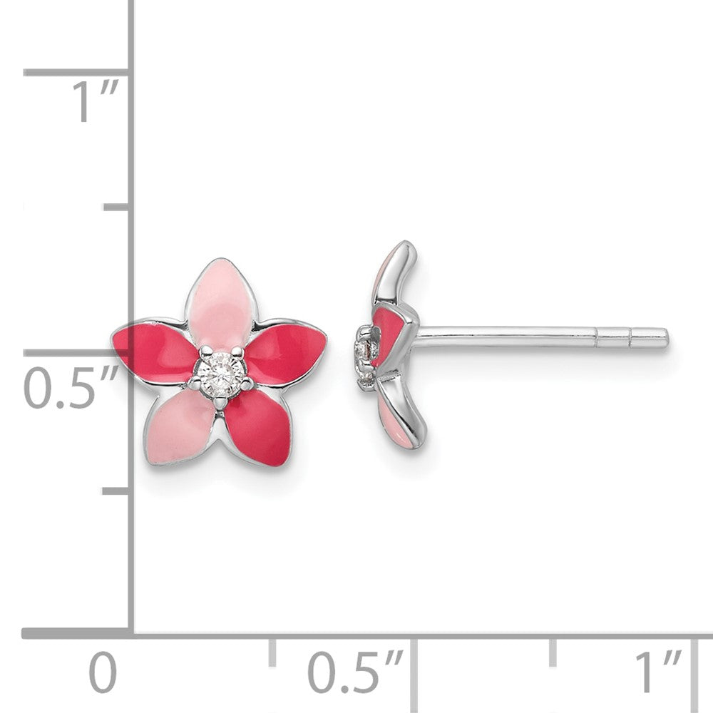 QE17723 Sterling Silver RH-plated Pink Enamel & CZ Flower Children's Post Earrings
