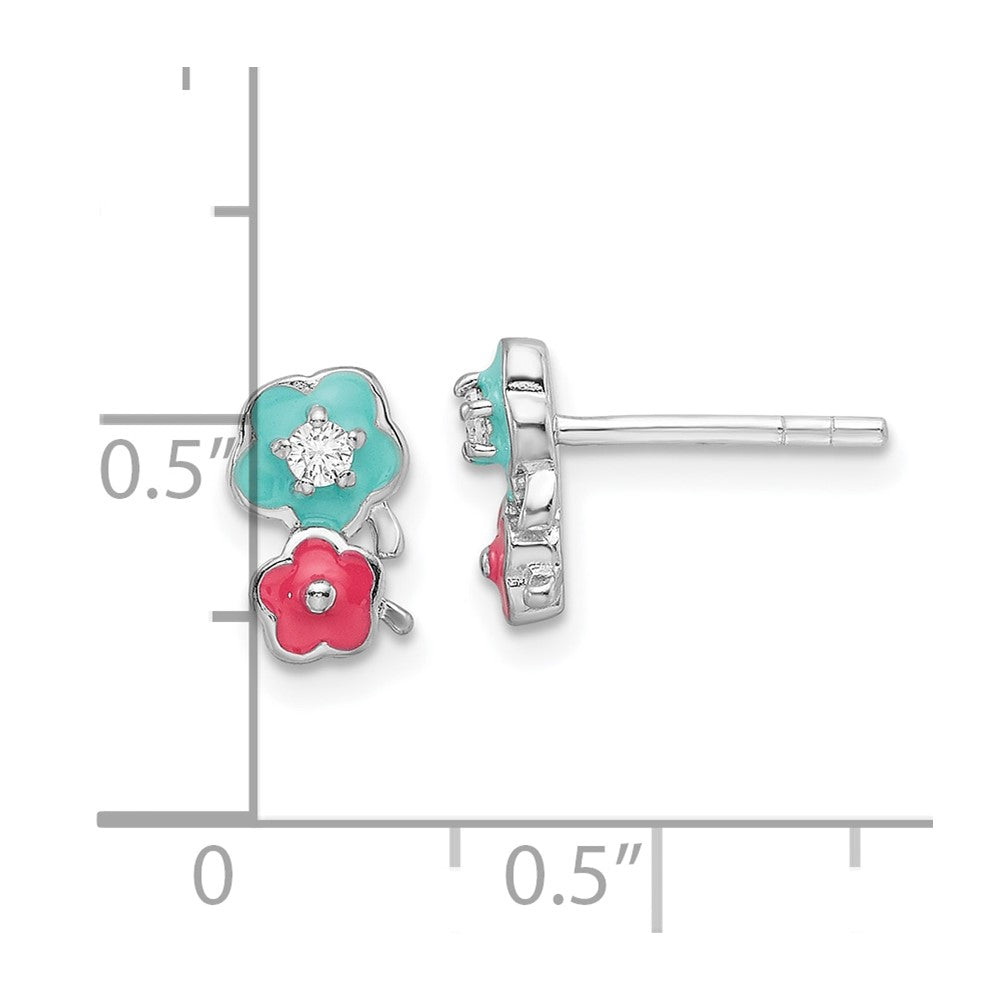 QE17724 Sterling Silver RH-plated CZ & Enamel Flowers Children's Post Earrings
