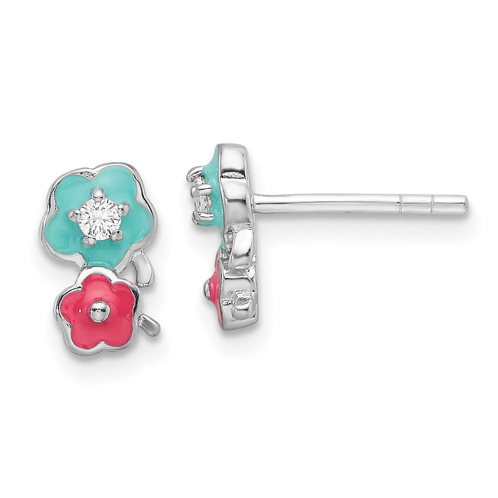 QE17724 Sterling Silver RH-plated CZ & Enamel Flowers Children's Post Earrings