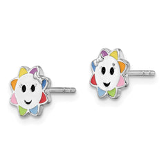 QE17725 Sterling Silver RH-plated Multicolor Enameled Sun Children's Post Earrings