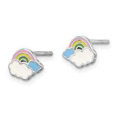 QE17726 Sterling Silver Rhodium-plated Multicolor Enameled Rainbow & Clouds Children's Post Earrings