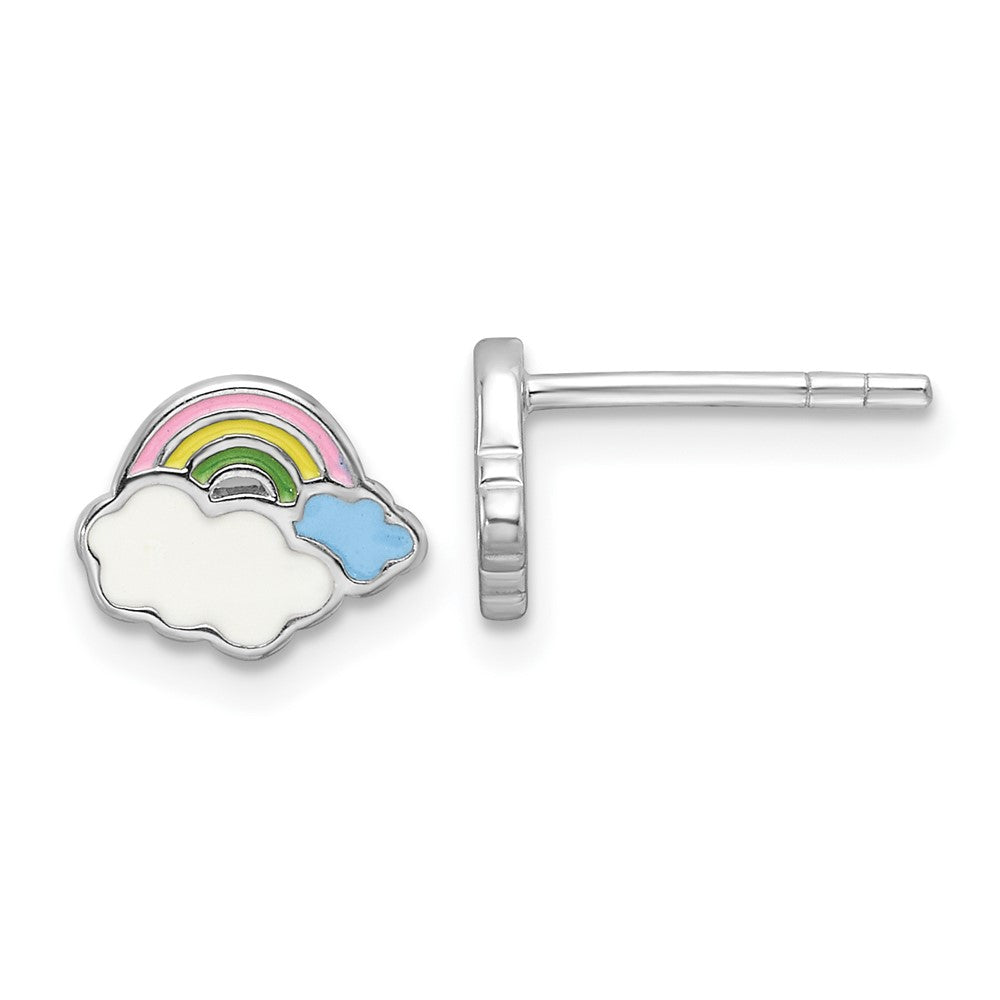 QE17726 Sterling Silver Rhodium-plated Multicolor Enameled Rainbow & Clouds Children's Post Earrings