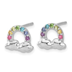 QE17728 Sterling Silver Rhodium-plated Polished Crystal Rainbow & Clouds Children's Post Earrings