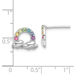 QE17728 Sterling Silver Rhodium-plated Polished Crystal Rainbow & Clouds Children's Post Earrings