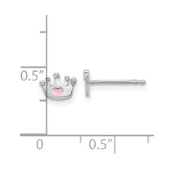 QE17730 Sterling Silver RH-plated Pink Enamel Heart Crown Children's Post Earrings