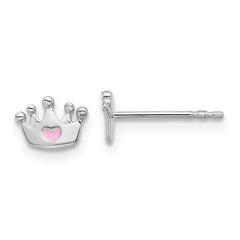 QE17730 Sterling Silver RH-plated Pink Enamel Heart Crown Children's Post Earrings