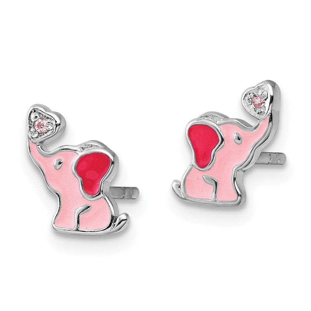 QE17731 Sterling Silver RH-pltd Pink Enamel & CZ Elephant Children's Post Earrings