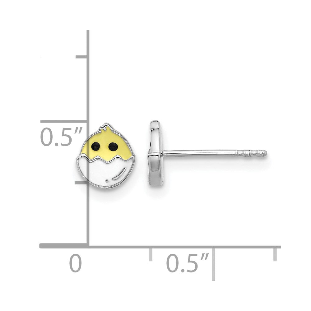 QE17732 Sterling Silver Rhodium-plated Enamel Chick in Egg Children's Post Earrings