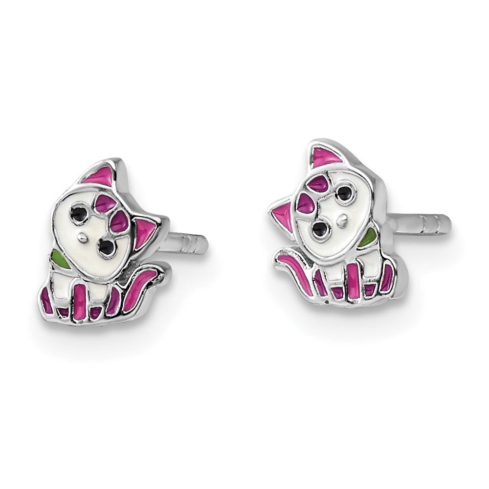 QE17733 Sterling Silver Rhodium-plated Multicolor Enameled Kitty Children's Post Earring