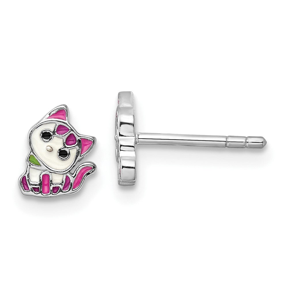 QE17733 Sterling Silver Rhodium-plated Multicolor Enameled Kitty Children's Post Earring