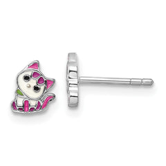 QE17733 Sterling Silver Rhodium-plated Multicolor Enameled Kitty Children's Post Earring