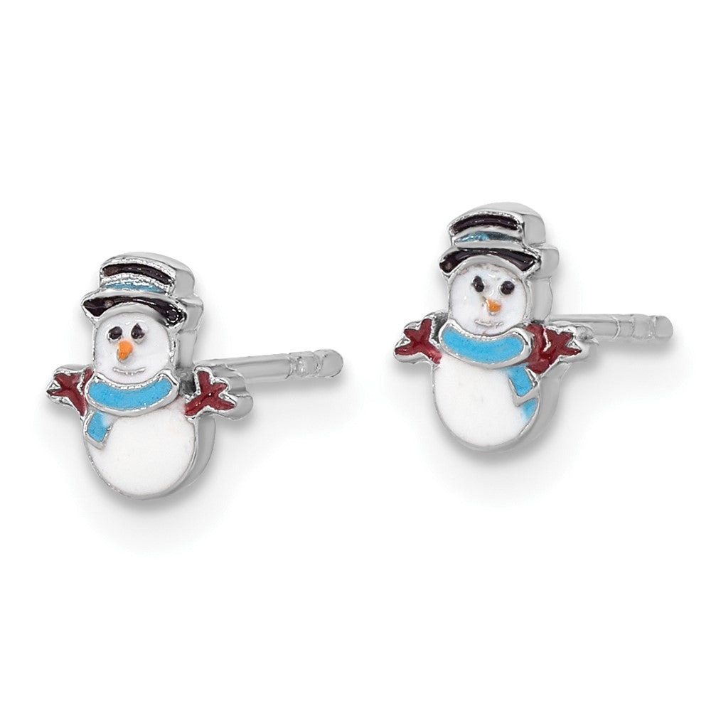 QE17735 Sterling Silver Rhodium-plated Enamel Snowman Children's Post Earrings
