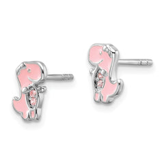 QE17736 Sterling Silver RH-pltd Pink CZ & Enamel Dinosaur Children's Post Earrings