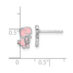 QE17736 Sterling Silver RH-pltd Pink CZ & Enamel Dinosaur Children's Post Earrings