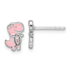 QE17736 Sterling Silver RH-pltd Pink CZ & Enamel Dinosaur Children's Post Earrings