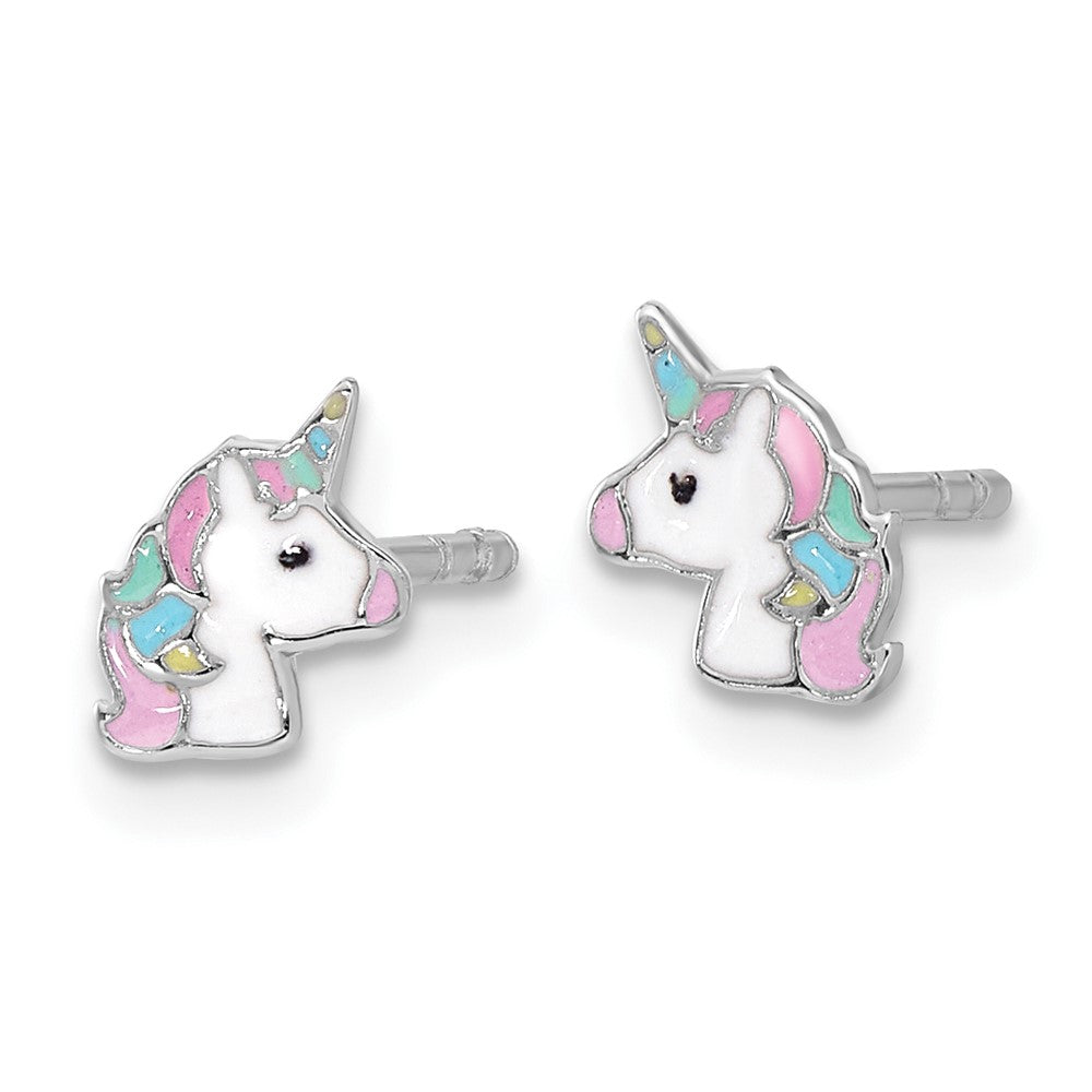 QE17737 Sterling Silver Rhodium-plated Enameled Unicorn Children's Post Earrings