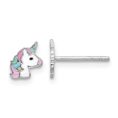 QE17737 Sterling Silver Rhodium-plated Enameled Unicorn Children's Post Earrings