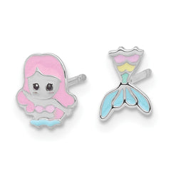 QE17739 Sterling Silver RH-pltd Multicolor Enamel Mermaid Children's Post Earrings