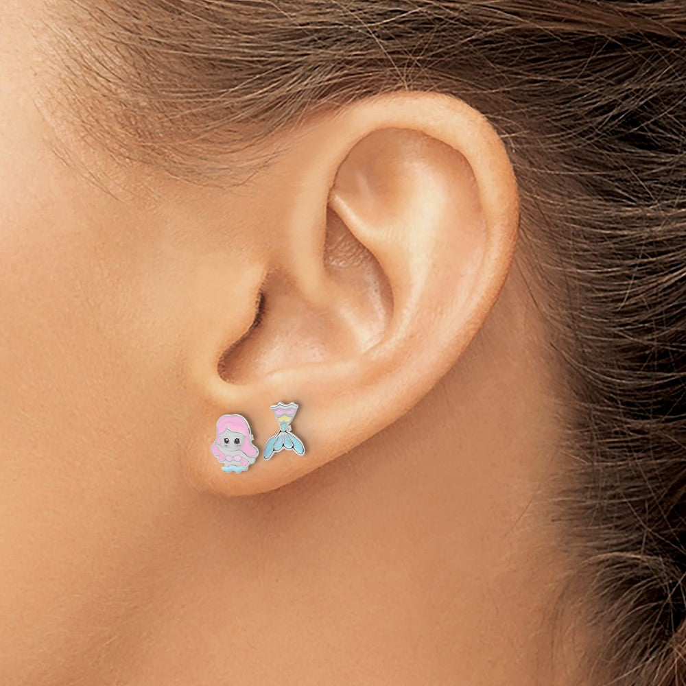 QE17739 Sterling Silver RH-pltd Multicolor Enamel Mermaid Children's Post Earrings