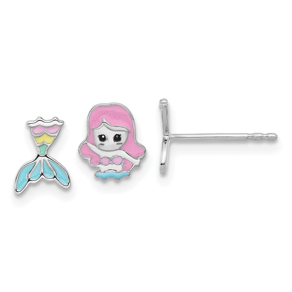QE17739 Sterling Silver RH-pltd Multicolor Enamel Mermaid Children's Post Earrings