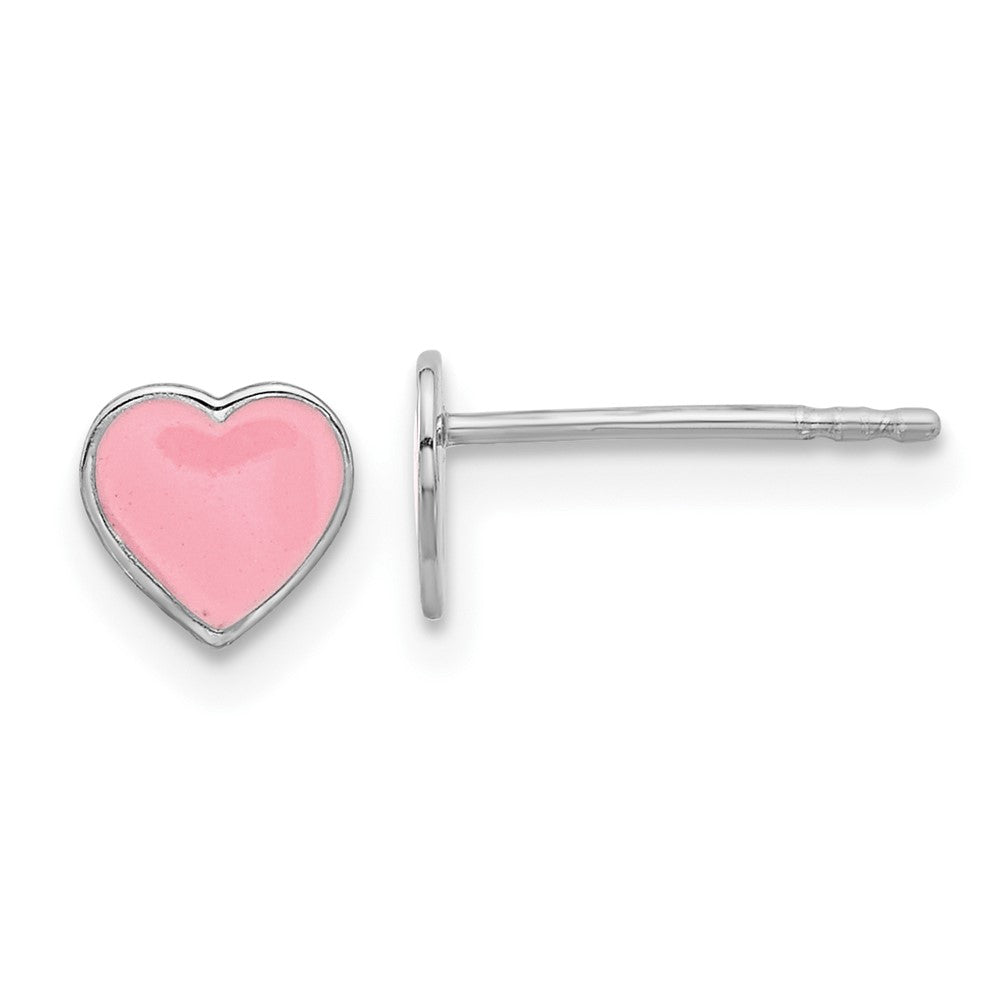 QE17741 Sterling Silver Rhodium-plated Pink Enamel Heart Children's Post Earrings