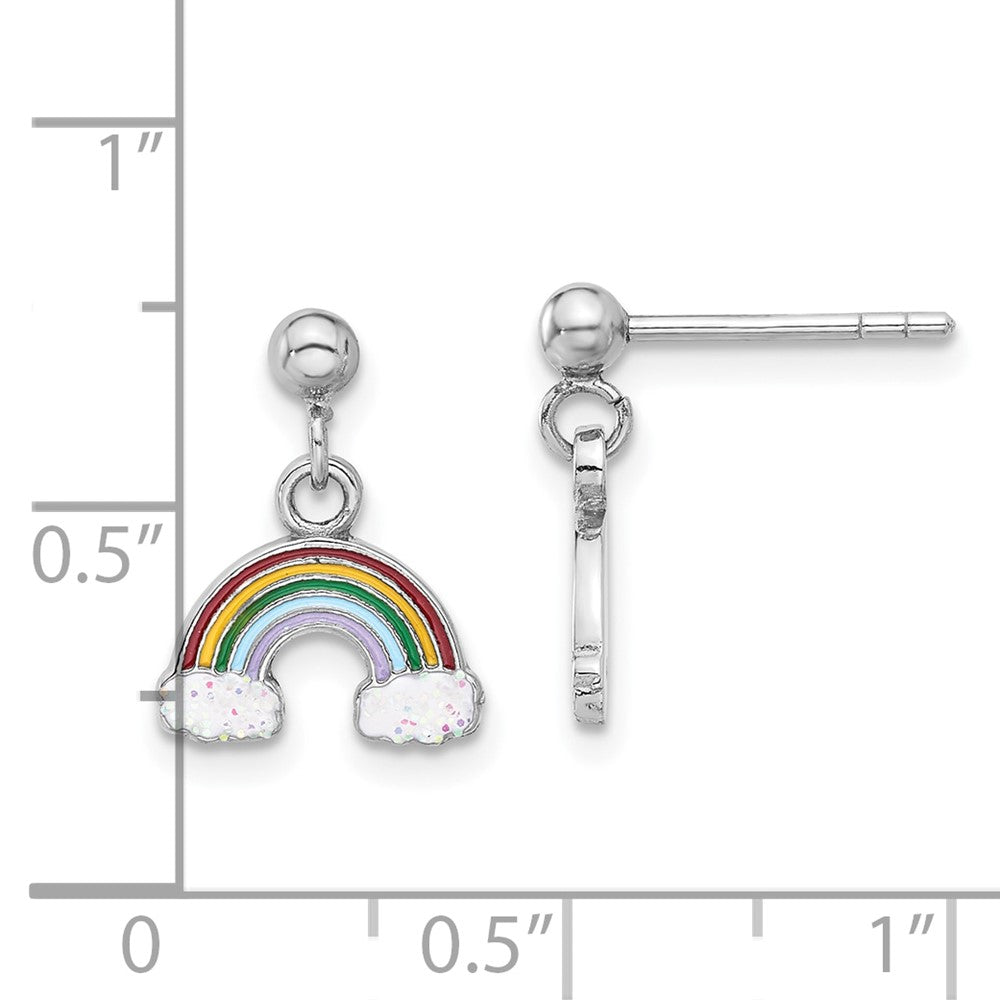 QE17743 Sterling Silver Rhodium-plated Polished & Enameled w/ Glitter Rainbow Children's Post Dangle Earrings