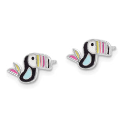 QE17748 Sterling Silver Rhodium-plated Polished Multi-color Enameled Toucan Bird Children's Post Earrings