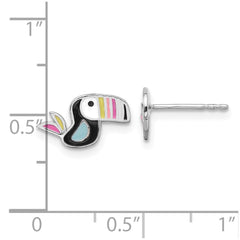 QE17748 Sterling Silver Rhodium-plated Polished Multi-color Enameled Toucan Bird Children's Post Earrings