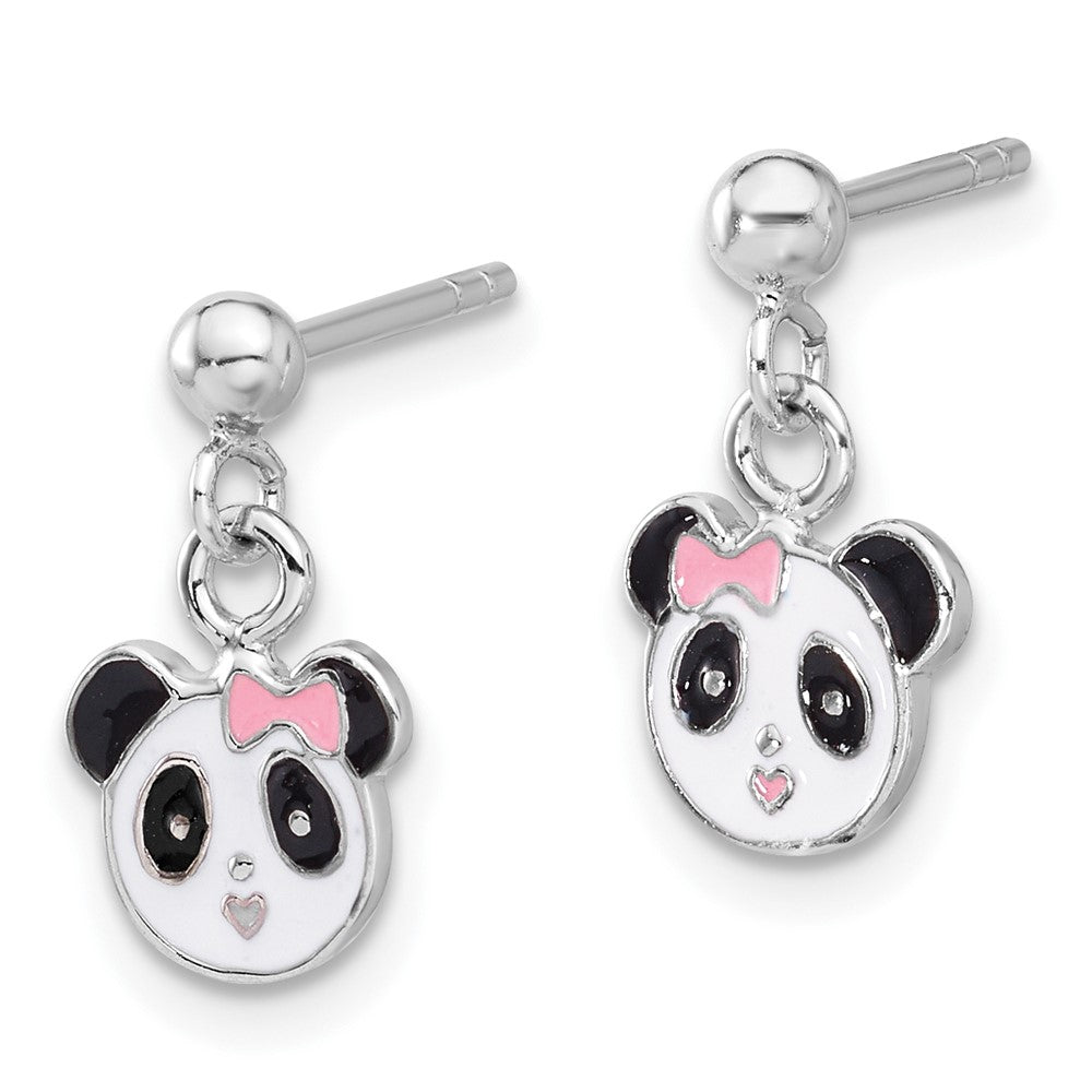 QE17749 Sterling Silver Rhodium-plated Polished & Multi-color Enameled Panda Children's Post Dangle Earrings