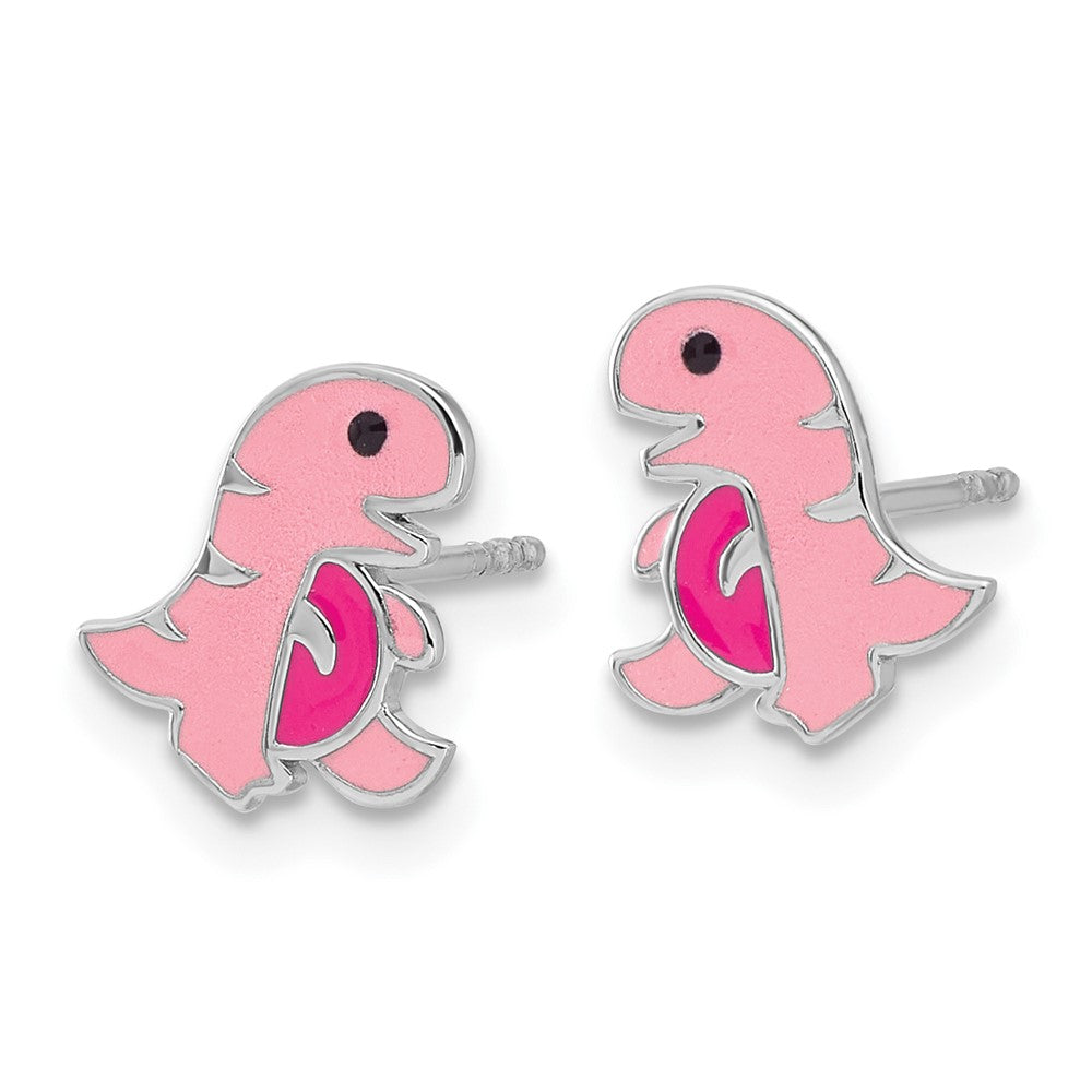 QE17750 Sterling Silver Rhodium-plated Polished Pink Enamel Dinosaur Children's Post Earrings