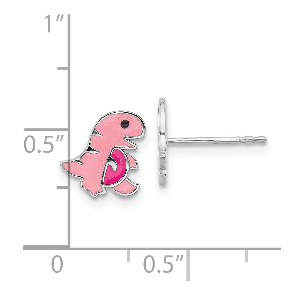 QE17750 Sterling Silver Rhodium-plated Polished Pink Enamel Dinosaur Children's Post Earrings