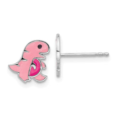 QE17750 Sterling Silver Rhodium-plated Polished Pink Enamel Dinosaur Children's Post Earrings