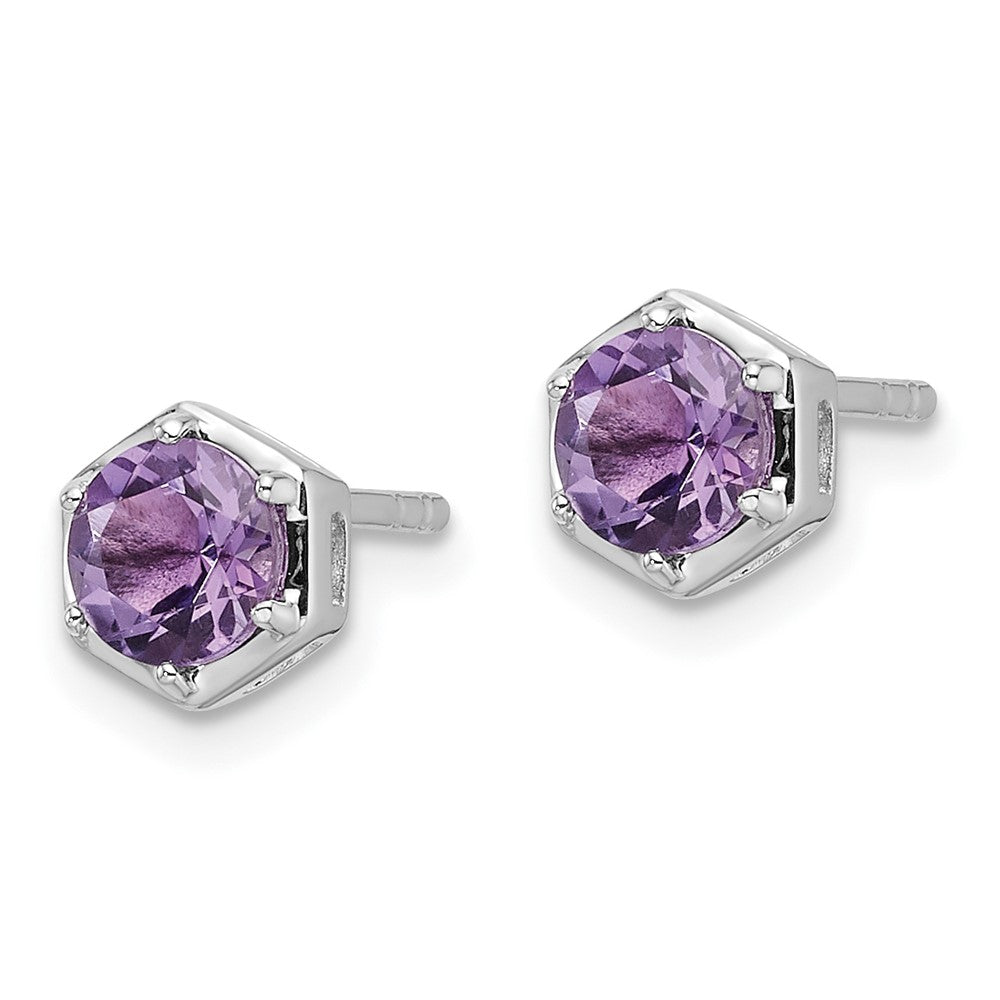 QE17769AM Sterling Silver Rhodium-plated Polished Amethyst Post Earrings