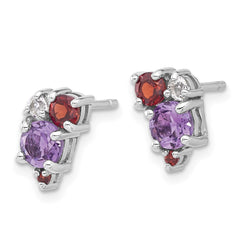 QE17773AM Sterling Silver Rhodium-pl Amethyst Garnet and White Topaz Post Earrings