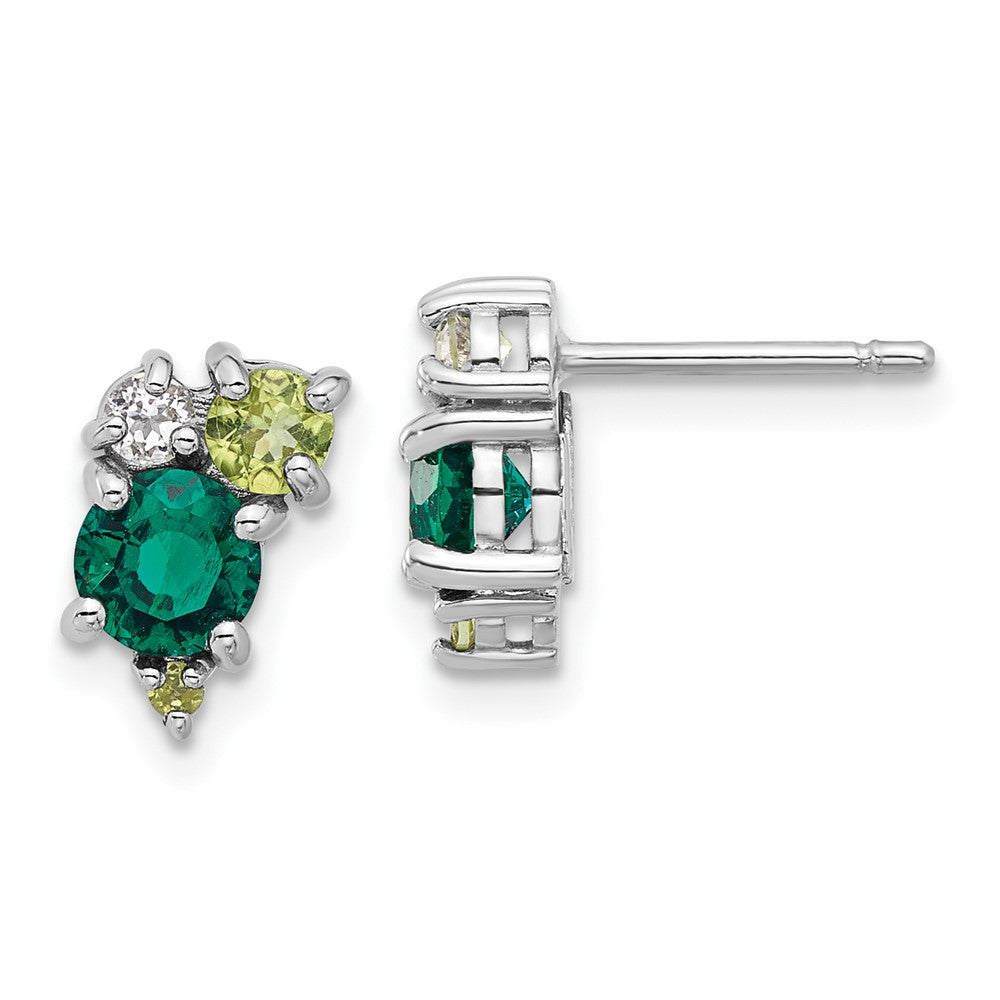QE17773CEM Sterling Silver Rhodium Cr.Emerald Peridot and White Topaz Post Earrings