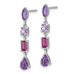 QE17777AM Sterling Silver RH-plated Amethyst Rhodolite Pink Quartz Dangle Earrings