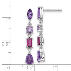 QE17777AM Sterling Silver RH-plated Amethyst Rhodolite Pink Quartz Dangle Earrings
