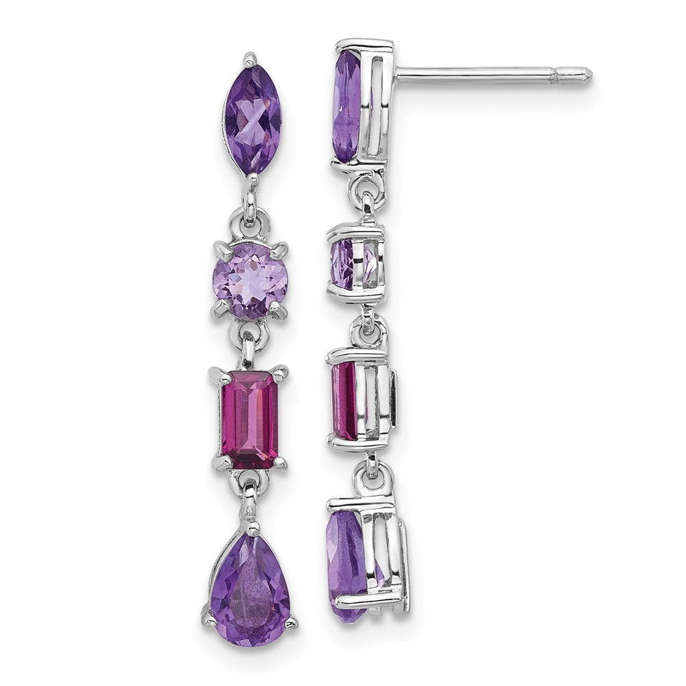 QE17777AM Sterling Silver RH-plated Amethyst Rhodolite Pink Quartz Dangle Earrings