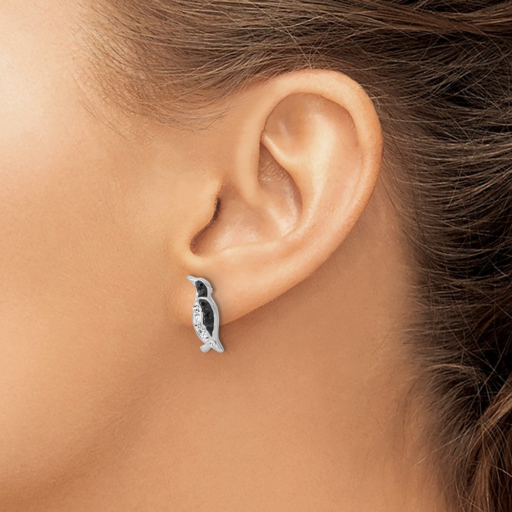 QE17783 Sterling Silver Rh-plated Polished Crystal Penguin Post Earrings