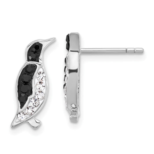 QE17783 Sterling Silver Rh-plated Polished Crystal Penguin Post Earrings