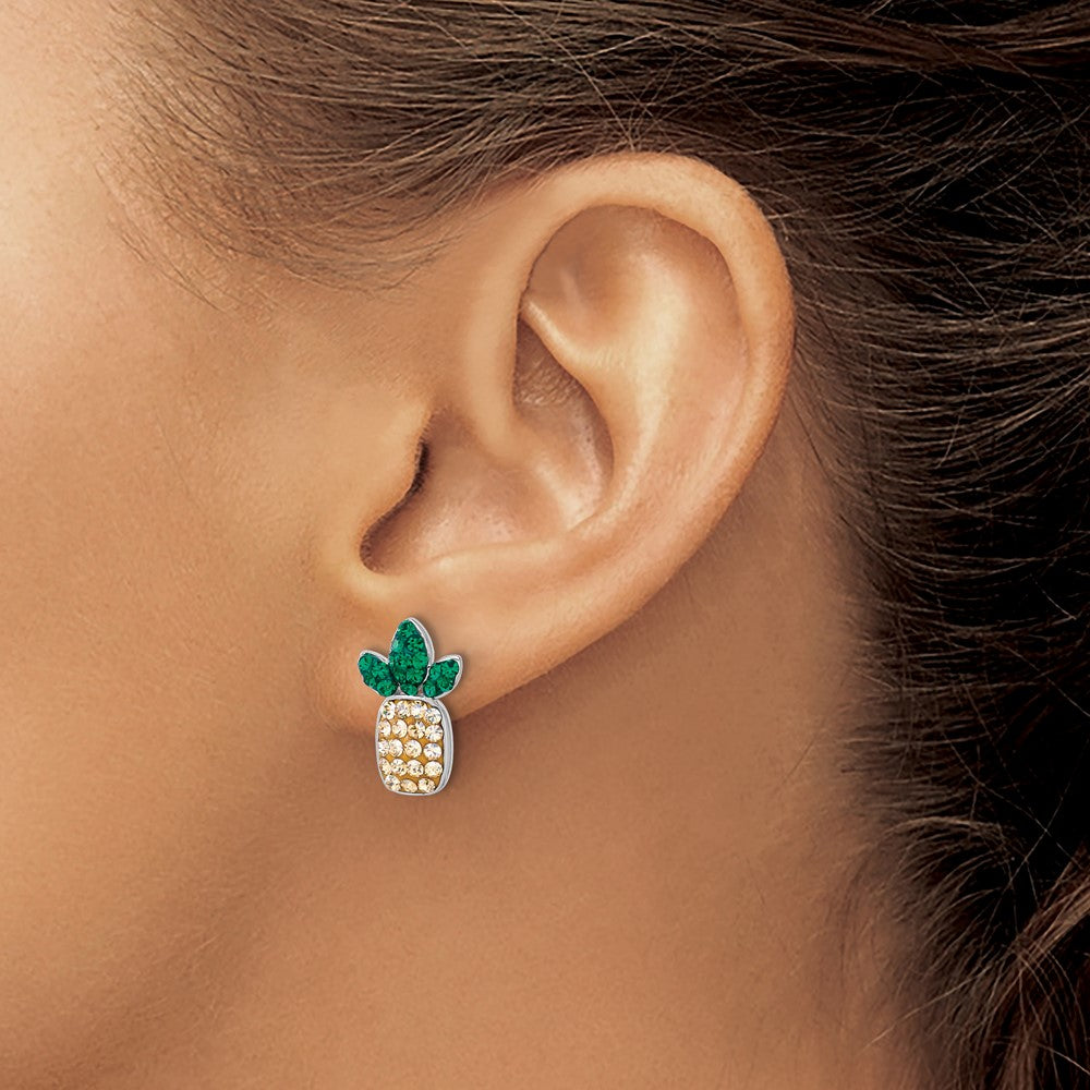 QE17784 Sterling Silver Rh-plated Polished Crystal Pineapple Post Earrings