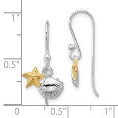 QE17788 Sterling Silver RH-plated Flash Gold-plated Starfish & Shell Dangle Earring