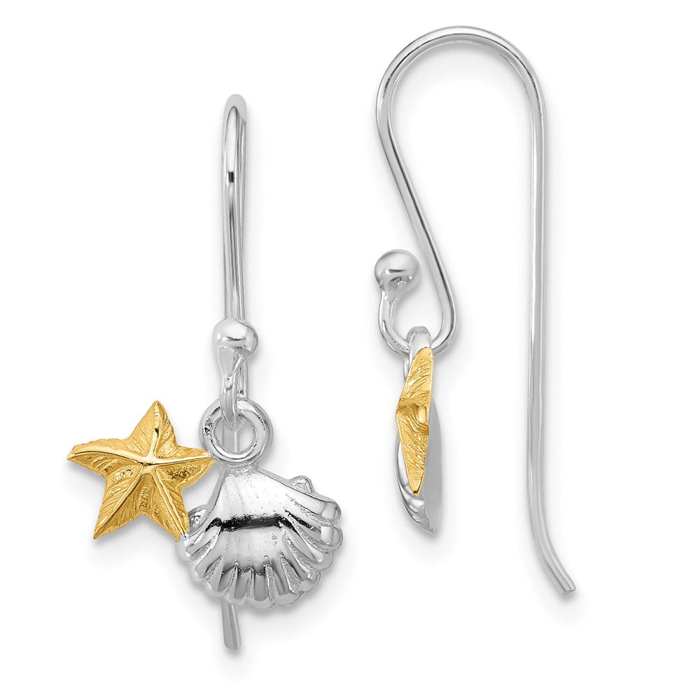 QE17788 Sterling Silver RH-plated Flash Gold-plated Starfish & Shell Dangle Earring
