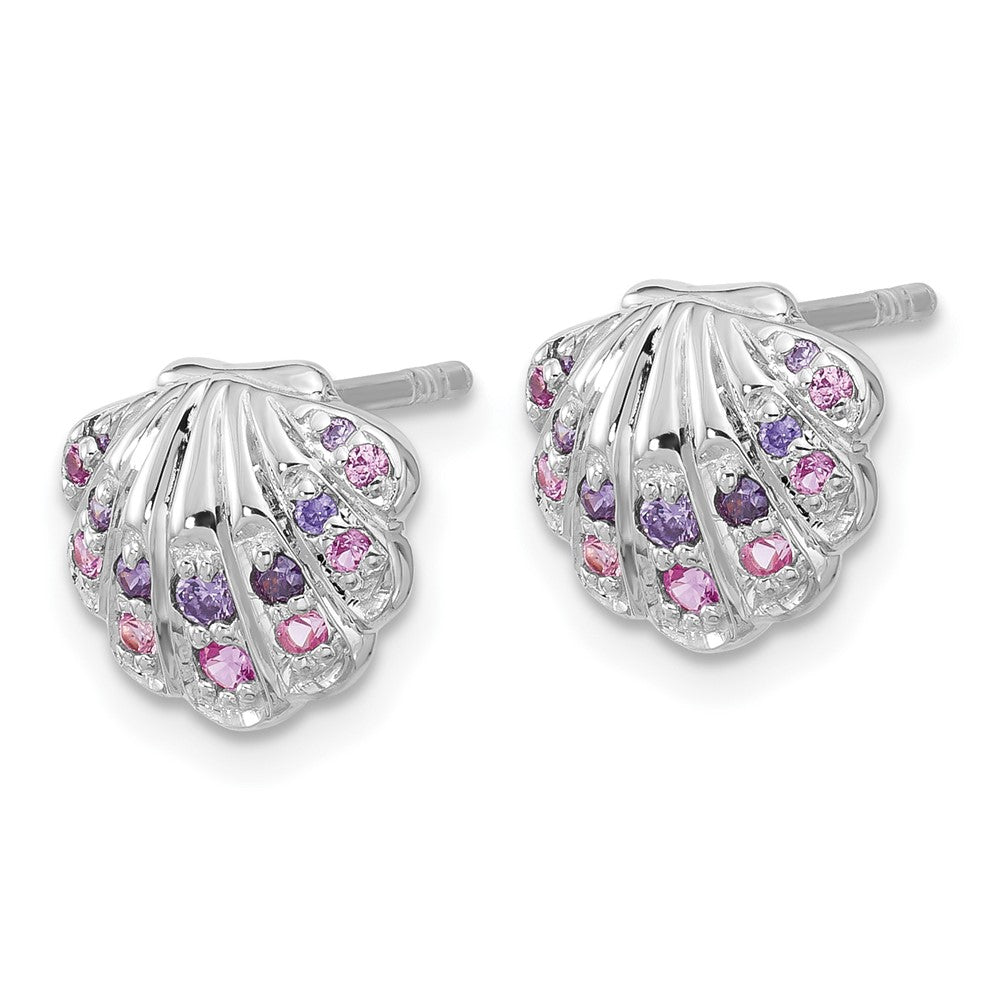 QE17793 Sterling Silver Rh-plated Polished CZ Shell Post Earrings