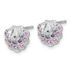 QE17793 Sterling Silver Rh-plated Polished CZ Shell Post Earrings