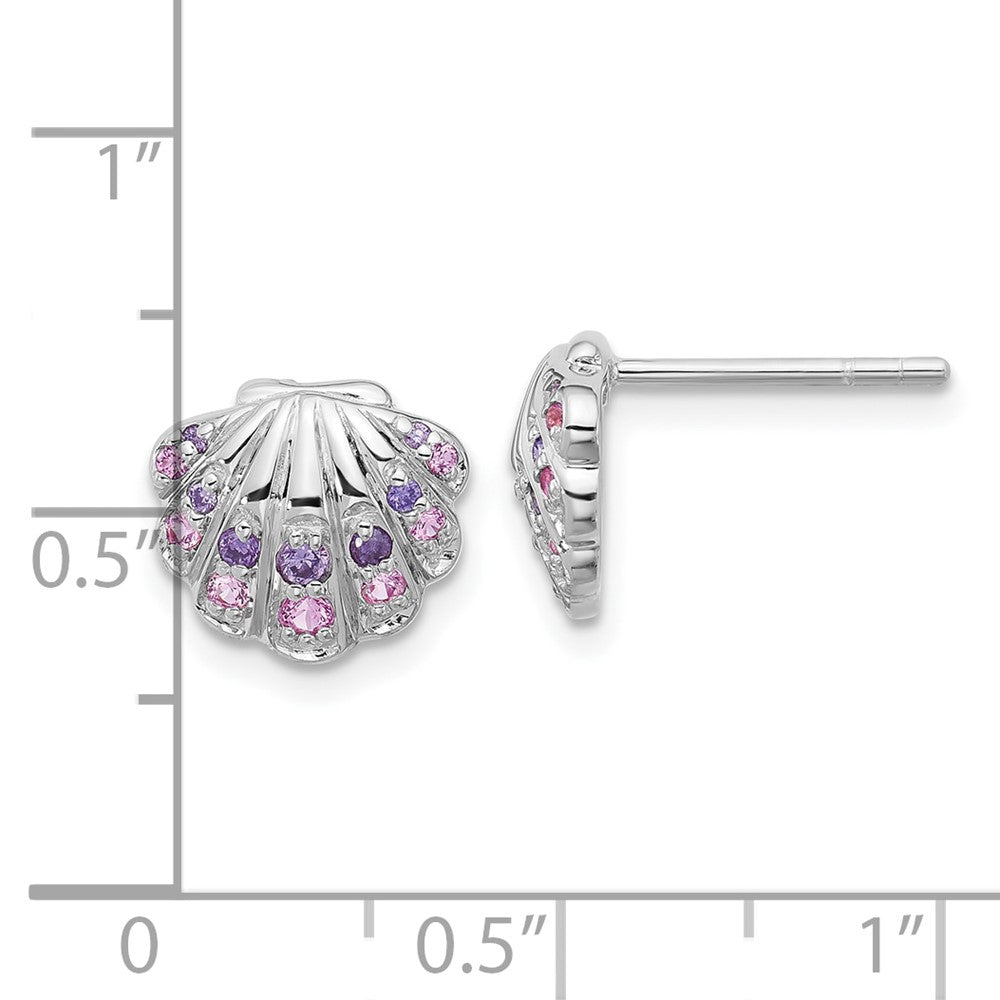 QE17793 Sterling Silver Rh-plated Polished CZ Shell Post Earrings