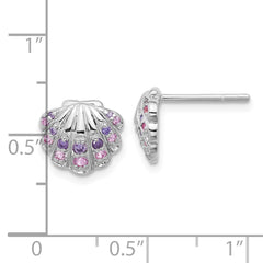 QE17793 Sterling Silver Rh-plated Polished CZ Shell Post Earrings
