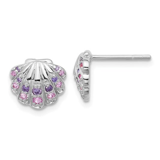 QE17793 Sterling Silver Rh-plated Polished CZ Shell Post Earrings